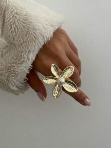 Bộ 1-4 chiếc nhẫn trang trí hình hoa và ngọc trai giả hình học phóng đại, quà tặng cho chị gái, tiệc tùng, hẹn hò, sinh nhật, giáng sinh, trang phục thường ngày - Vàng - Xem 8