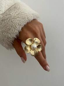 Bộ 1-4 chiếc nhẫn trang trí hình hoa và ngọc trai giả hình học phóng đại, quà tặng cho chị gái, tiệc tùng, hẹn hò, sinh nhật, giáng sinh, trang phục thường ngày - Vàng - Xem 6