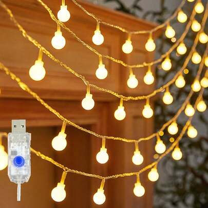 1 Dây đèn LED hình cầu màu trắng 8 chức năng, chạy bằng USB, dài 1.5/3/4.5/6M, đèn trang trí trong nhà, đèn trang trí tường phòng ngủ, 8 chế độ nhấp nháy, thích hợp cho trang trí đám cưới, tiệc sinh nhật, lều cắm trại, ngoài trời, sân vườn.