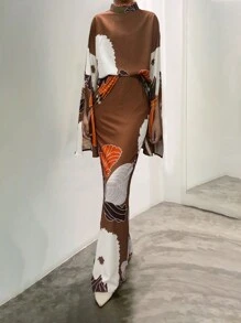 Váy quấn hông tay dài hở lưng thời trang thanh lịch giản dị họa tiết xếp nếp cổ đứng cho nữ cỡ lớn mùa xuân thu - màu nâu - Xem 1