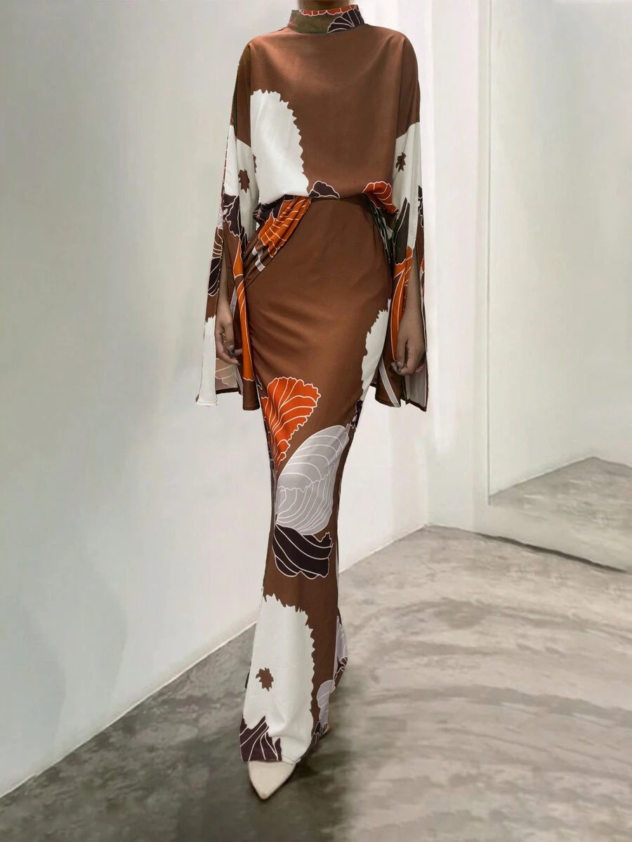 Váy quấn hông tay dài hở lưng thời trang thanh lịch giản dị họa tiết xếp nếp cổ đứng cho nữ cỡ lớn mùa xuân thu - màu nâu - Xem 1