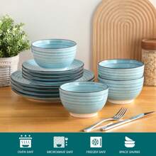 vancasso Juego de vajilla de gres de 12 piezas, plato llano, plato de postre y cuenco para 4 personas, juego azul claro, motas pintadas a mano