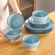 vancasso Juego de vajilla de gres de 12 piezas, plato llano, plato de postre y cuenco para 4 personas, juego azul claro, motas pintadas a mano