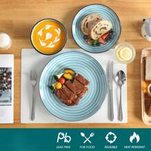 vancasso Juego de vajilla de gres de 12 piezas, plato llano, plato de postre y cuenco para 4 personas, juego azul claro, motas pintadas a mano