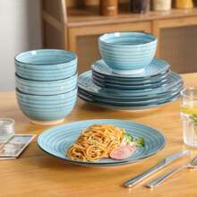 vancasso Juego de vajilla de gres de 12 piezas, plato llano, plato de postre y cuenco para 4 personas, juego azul claro, motas pintadas a mano