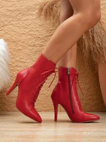 女士时尚尖头高跟靴，内侧带拉链的中筒靴，系带秋冬靴，舒适的高跟正装鞋，宴会明星性感优雅高跟靴，短靴 - 紅色 - 查看 4