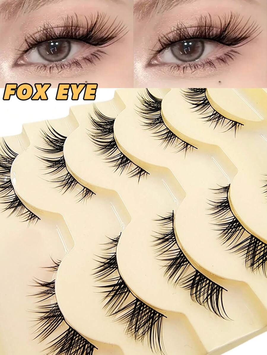 Asiteo 5 Pairs Cluster Lashes Natural Look, Fox Eye Wispy Manga Eyelash Extensions Strip, Cat Eye Lashes With Black Soft Stem Short Anime Korean Makeup False Eyelashes - 眼尾拉長款 - 查看 1