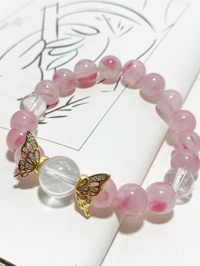 1 pieza Brazalete de piedra de rosa de cristal de lluvia de flores de cerezo de 10 mm, adecuado para que las mujeres lo usen, viene con caja de regalo y bolsa de almacenamiento de joyería