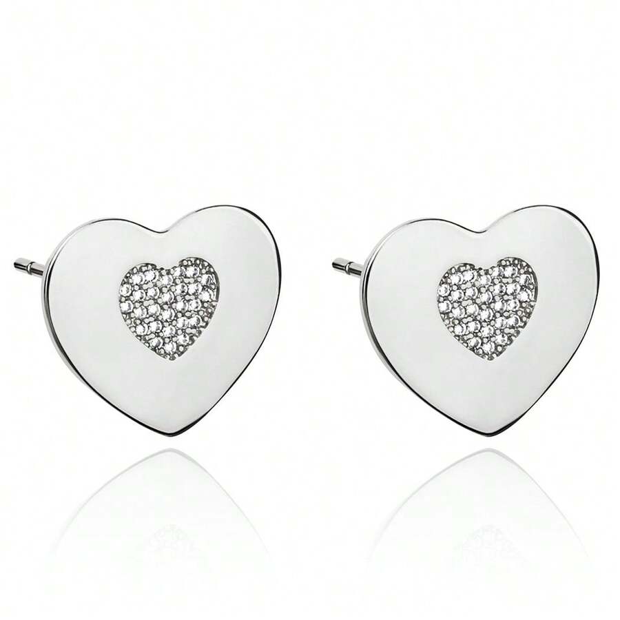 18K GOLD PLATED HEART EARRING WITH STUDDED ZIRCONIA - 銀色 - 查看 1