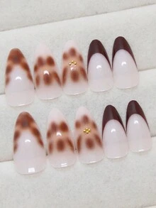 24 件中长款杏仁形扎染棕色至金色小珍珠假指甲，优雅百搭的秋冬季美甲套装，适合日常佩戴且可重复使用 - 彩色 - 查看 4