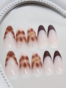 24 件中长款杏仁形扎染棕色至金色小珍珠假指甲，优雅百搭的秋冬季美甲套装，适合日常佩戴且可重复使用 - 彩色 - 查看 3