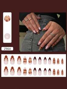 24 件中长款杏仁形扎染棕色至金色小珍珠假指甲，优雅百搭的秋冬季美甲套装，适合日常佩戴且可重复使用 - 彩色 - 查看 2