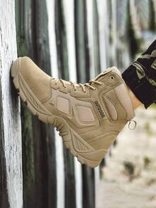 新款男士秋冬战术靴，户外军装风格，网眼和皮革鞋面，舒适衬里，经典厚底，厚底鞋跟，适合徒步旅行、钓鱼、露营、训练 - 米色 - 查看 5