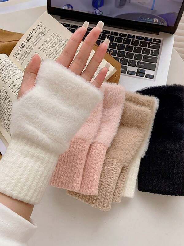 1 par de guantes de punto sencillos con dedos expuestos, adecuados para la escritura y el uso diario de los estudiantes en otoño e invierno, cálidos y anticongelantes, adecuados tanto para hombres como para mujeres, con varios colores para elegir