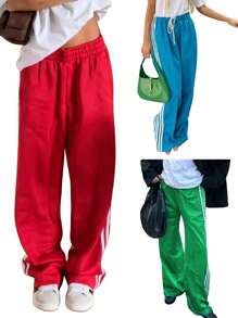 Women Striped Track Pants Loose Elastic Waist Drawstring Straight Leg Sweatpants Joggers Wide Leg Side Stripes Pants With Pockets Streetwear - Green - View 10