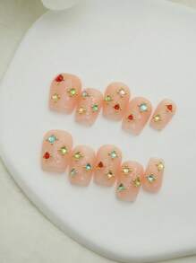 10 peças de adesivos de unhas minimalistas com strass, nude curto, arte de unha decorativa feita à mão, adequados para uso diário, unhas de pressão, suprimentos para unhas - Multicolorido - Ver 3