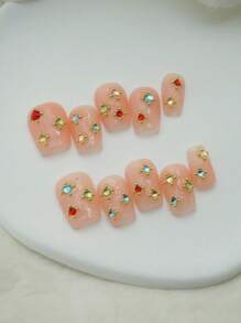 10 peças de adesivos de unhas minimalistas com strass, nude curto, arte de unha decorativa feita à mão, adequados para uso diário, unhas de pressão, suprimentos para unhas - Multicolorido - Ver 2