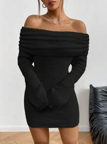 女式厚露肩针织毛衣裙，蓬松长袖紧身迷你连衣裙，性感短款优雅连衣裙 - 黑色 - 查看 2