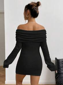 女式厚露肩针织毛衣裙，蓬松长袖紧身迷你连衣裙，性感短款优雅连衣裙 - 黑色 - 查看 3