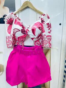 RAW CLOTHING New Set Of One-Size-Fits-All Shirt That Ties At The Back With Elastane And Print, Shorts With Belt And Pocket - 粉色 - 查看 1