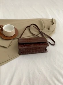 1 件女士鳄鱼压纹单肩包，纯色时尚小方包，适合少女、大学生、办公室女士、商务、通勤、户外、旅行 - 棕色 - 查看 9