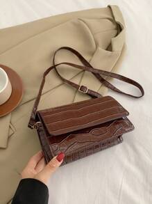 1 件女士鳄鱼压纹单肩包，纯色时尚小方包，适合少女、大学生、办公室女士、商务、通勤、户外、旅行 - 棕色 - 查看 7