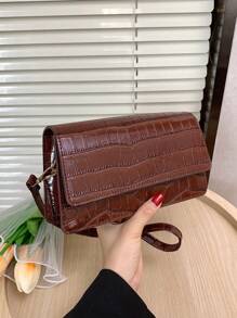 1 件女士鳄鱼压纹单肩包，纯色时尚小方包，适合少女、大学生、办公室女士、商务、通勤、户外、旅行 - 棕色 - 查看 5