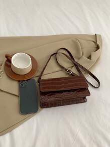 1 件女士鳄鱼压纹单肩包，纯色时尚小方包，适合少女、大学生、办公室女士、商务、通勤、户外、旅行 - 棕色 - 查看 8