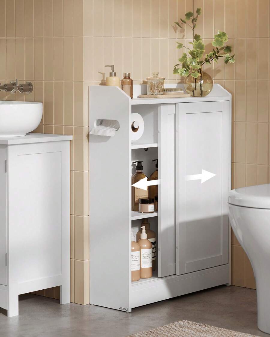 VASAGLE Bathroom Cabinet, Slim Bathroom Storage Cabinet, Toilet Paper Holder And Brush Compartment, Sliding Doors, Adjustable Shelves, Next To Toilet, 7.9 X 23.6 X 31.5 Inches - trắng - Xem 1