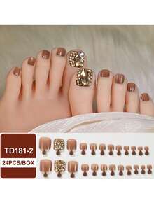 24 件假脚趾甲，1 件迷你锉刀方形闪光渐变色假脚趾甲，方形闪光渐变色假脚趾甲，12 种尺寸指甲用品，钻石咖啡色改变您的指甲，适合女性女孩 DIY - 彩色 - 查看 5