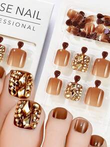 24 件假脚趾甲，1 件迷你锉刀方形闪光渐变色假脚趾甲，方形闪光渐变色假脚趾甲，12 种尺寸指甲用品，钻石咖啡色改变您的指甲，适合女性女孩 DIY - 彩色 - 查看 2