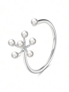 1 件时尚奢华简约设计珍珠花装饰可调节开口戒指，适合女性日常佩戴、派对配饰、送给家人朋友的生日/周年纪念礼物 - 花朵珍珠戒指 - 查看 11