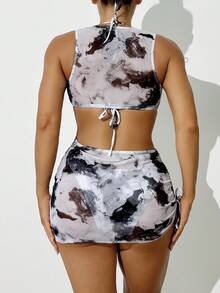 3 件套女士扎染印花罩衫，可系带泳装，比基尼，网状性感罩衫，精致风格