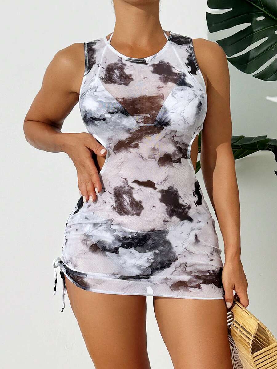 3 件套女士扎染印花罩衫，可系带泳装，比基尼，网状性感罩衫，精致风格