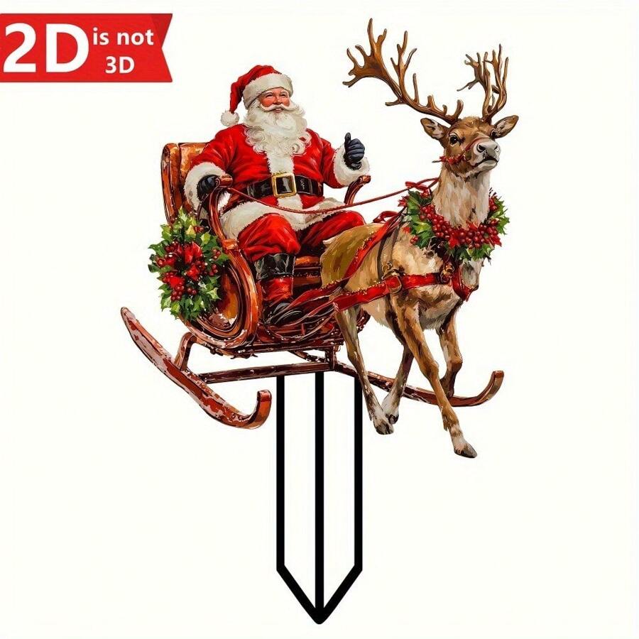 1 件充满活力的 2D 圣诞老人和驯鹿雪橇花园桩，耐用的户外圣诞装饰，适用于庭院、花盆展示和节日礼物，创意装饰 - 彩色 - 查看 1
