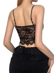 Women Lace Camisole, Sleeveless See-Through Slit Slim Summer Bralette For Club Party - 黑色 - 查看 8