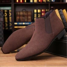 大码男士英式皮革切尔西靴，时尚套穿踝靴，欧美潮流