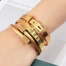 3pcs/Set Business & Casual Party Gift Accessory Bracelet, Mixed Square, Round Bead, Roman Numeral Stainless Steel Couple Jewelry