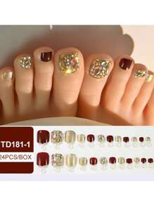 24 件假脚趾甲按压式脚趾甲，配有 1 个指甲锉和 1 块果冻胶 | 短款全覆盖方形假脚趾甲 | 12 种尺寸丙烯酸指甲片，适合女士女孩 - 钻石、闪亮、红色 - 彩色 - 查看 7