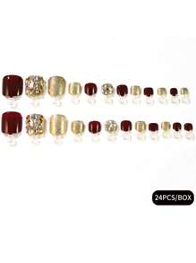 24 件假脚趾甲按压式脚趾甲，配有 1 个指甲锉和 1 块果冻胶 | 短款全覆盖方形假脚趾甲 | 12 种尺寸丙烯酸指甲片，适合女士女孩 - 钻石、闪亮、红色 - 彩色 - 查看 6