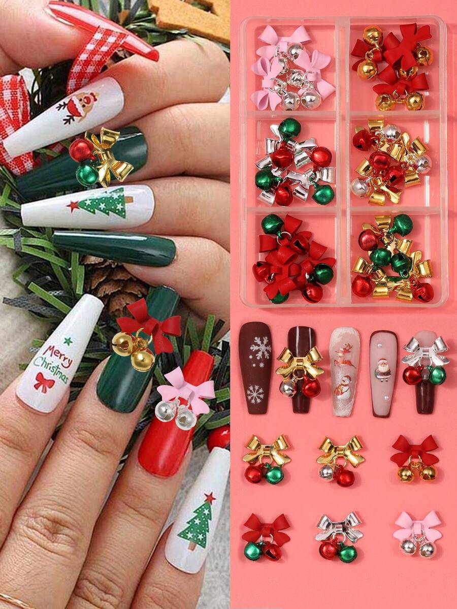 18 Phụ kiện trang trí móng tay hình chuông nơ 3D Giáng sinh - Thiết kế nơ và chuông 3D màu vàng, đỏ và bạc cho móng tay lễ hội, ốp lưng điện thoại & nhiều phụ kiện làm móng khác - Nhiều màu - Xem 1