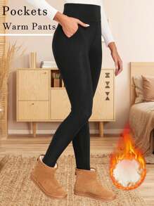 女式保暖内衬口袋高腰休闲紧身裤，保暖防风，黑色 - 黑色 - 查看 6