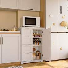 Bathroom Floor Freestanding Storage Cabinet, New Year Gift 3" Small Kitchen Pantry Storage Cabinet With Door And Shelves, Pantry Cabinet Storage Cupboard, Freestanding Wooden Dresser With 4 Drawers