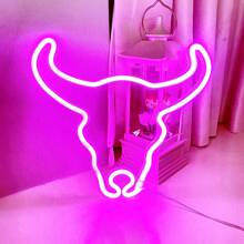 1pc 11.1x9.9in (Approx. 28x25.3cm) USB/Battery Powered LED Neon Sign Pink Bull Head Wall Decor, Suitable For Bedroom, Wedding, Bar, Cow Party Decoration, Blue - Multicolor - View 15