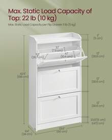 VASAGLE Shoe Cabinet With 3 Flip Drawers, Shoe Storage Cabinet, Adjustable And Removable Dividers, Holds Up To 18 Pairs Of Shoes, Entryway, 9.4 X 23.6 X 42.5 Inches - trắng - Xem 5