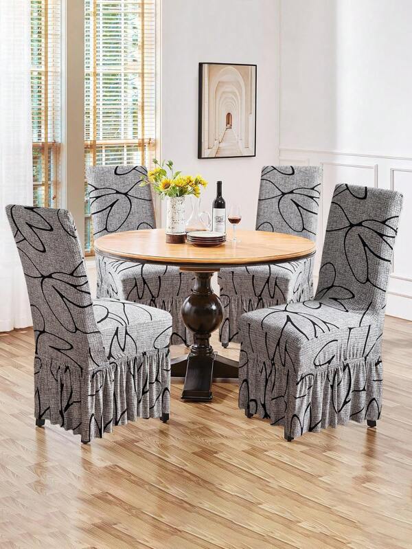 1/4pcs Milk Silk Printed Ruffled Chair Covers, Anti-Dust Anti-Slip Fashionable Chair Slipcovers, Polyester Thickened High Elasticity All Season Universal Chair Protector, Home Decor