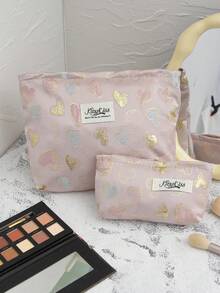 1 件套提花金色爱心手提化妆包，粉色大容量 L 旅行化妆包，简约，L 多功能，帆布化妆包，便携式盥洗包。大开口拉链设计，适用于化妆品、口红、珠宝、指甲护理、护肤品，可存放珠宝、糖果、纸巾、卫生巾、护垫、零钱、钥匙、耳机，可爱的收纳袋，适合女性、旅行、宿舍、学校。女孩的礼物。节日礼物 - 粉色 - 查看 1