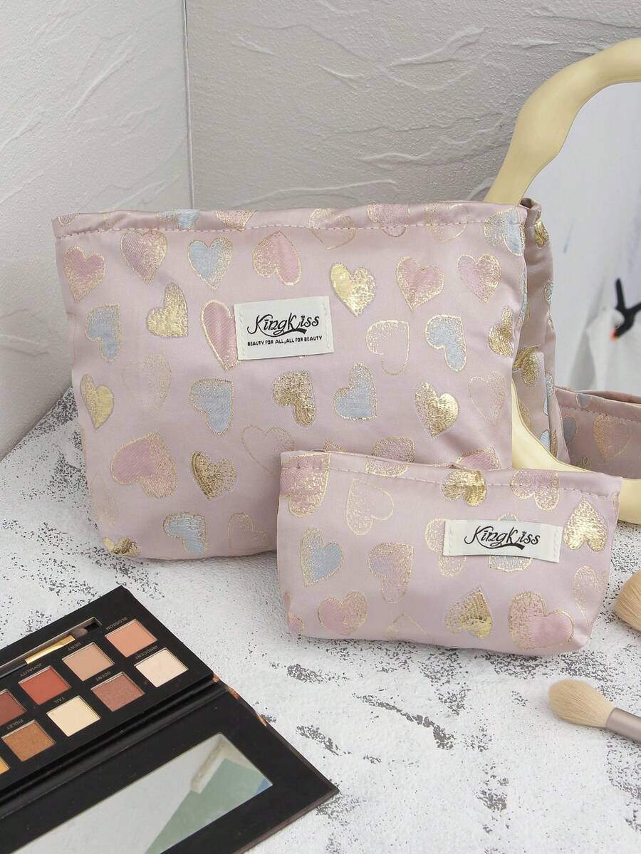 1 件套提花金色爱心手提化妆包，粉色大容量 L 旅行化妆包，简约，L 多功能，帆布化妆包，便携式盥洗包。大开口拉链设计，适用于化妆品、口红、珠宝、指甲护理、护肤品，可存放珠宝、糖果、纸巾、卫生巾、护垫、零钱、钥匙、耳机，可爱的收纳袋，适合女性、旅行、宿舍、学校。女孩的礼物。节日礼物 - 粉色 - 查看 1