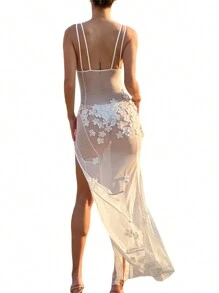 Women Sheer Mesh Sleeveless Dress Summer V Neck Flower Slit Party Dress For Cocktail Beach Club Streetwear - 白色 - 查看 6