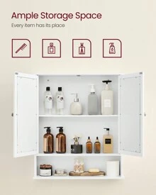 VASAGLE Gabinete de baño con espejo, gabinete de pared con 2 puertas con espejo, estante ajustable, compartimento abierto, montado en la pared, 15 x 65 x 75 cm, decoración de baño de verano, organizador de baño, accesorios de baño